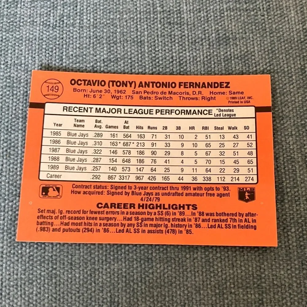 1990 Donruss Toronto Blue Jays Baseball Card Trading Card